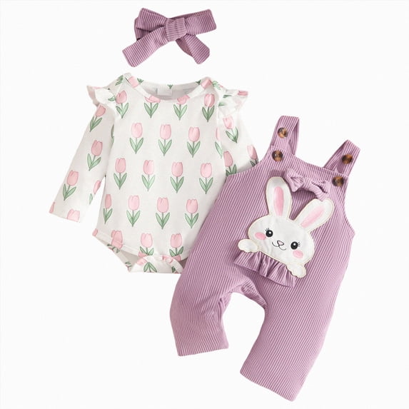 Gerichy Baby Girl Clothes Infant Girls Fall Outfits Long Sleeve Floral Romper Animal Suspender Pants Headband Set 0-18 Months