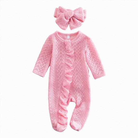 Gerichy Baby Girl Clothes Ruffle Solid Footies Infant Knit Rompers with Headband Newborn Zip Up Jumpsuit Cute Girl Fall Winter Outfits 0-12 Months