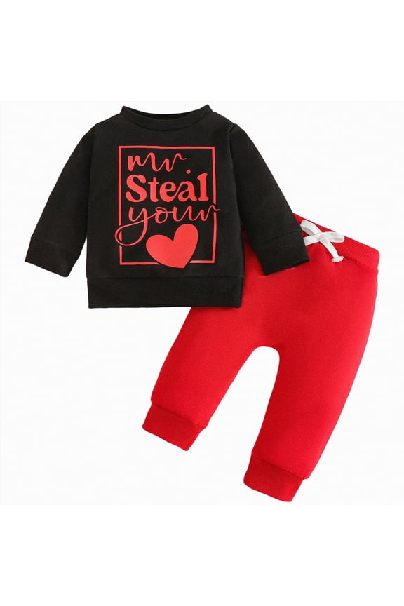 Baby and Toddler Boy Valentine's Outfit Set Heart Tractor Embroidery Two Piece Clothes Sets with Elastic Waist Trousers,Black