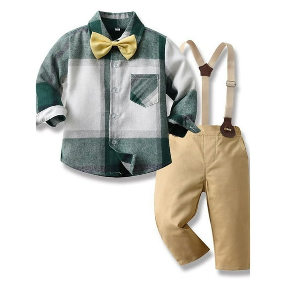 Gerichy Boy Clothes Suits Toddler Boy Outfit,Long Sleeve Shirt Bowtie Suspender Pants Big Kid Gentleman Wedding Outfits Toddler Boys Overalls