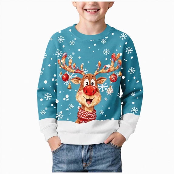 Gerichy Boys Girls Christmas Sweatshirt, Cute Reindeer Graphic Pullover Funny Xmas Shirt Tops 1T-14T