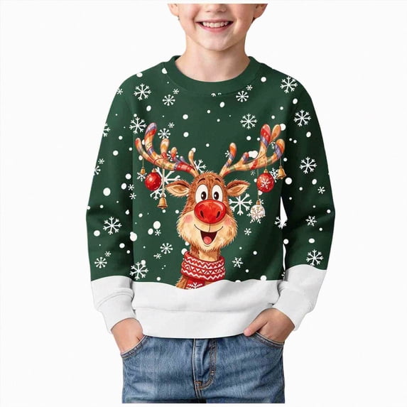 Gerichy Boys Girls Christmas Sweatshirt, Cute Reindeer Graphic Pullover Funny Xmas Shirt Tops 1T-14T