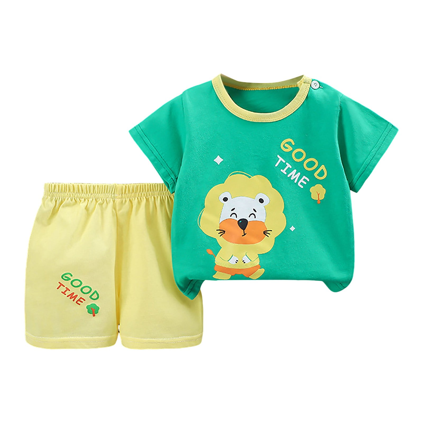 Boys Peach Button Shirt & Mint Shorts Set – Cute Cartoon Summer Outfit main image 1