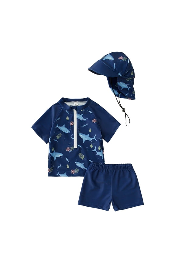 Boys Swim Set, 2T 3T 4T 5T Swimsuit Boys And Toddler Girls Boys Wear Children's Zipper Beach Swimsuit Boys And Girls Floral Flat Horn Conservative Swim Cap Swimsuit