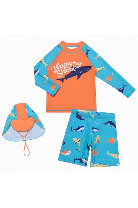 Boys' Swimwear 3 Pieces Swim Trunks and Rash Guard Sets Long Sleeve Sun Protection Swimsuit with Swim Cap 2T-14T,Orange