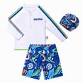 thumbnail image 1 of Gerichy Boys Three Pieces Swimsuit Set Long Sleeve Kids Rash Guard Dinosaur Boys Bathing Suit with Sun Cap 2T-14T,Blue, 1 of 7