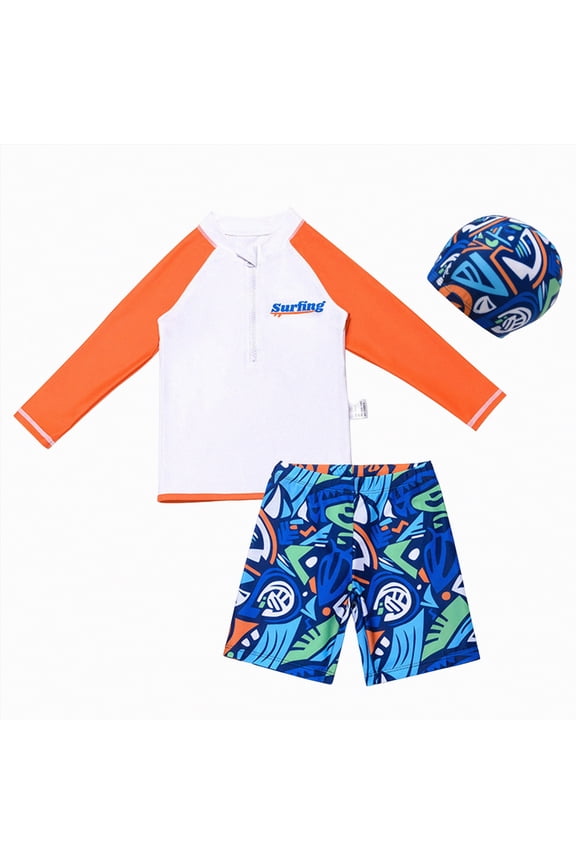 Boys Three Pieces Swimsuit Set Long Sleeve Kids Rash Guard Dinosaur Boys Bathing Suit with Sun Cap 2T-14T,Orange