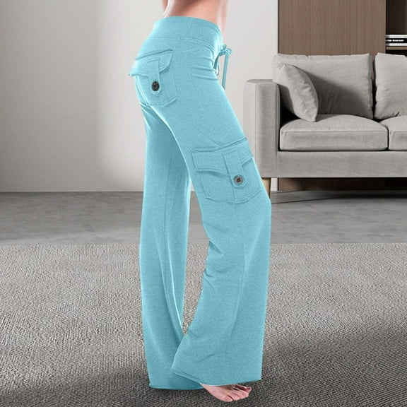 Gerichy Cargo Pants for Women, Autumn Women's Plus Size Workout Out High Stretch Waist Drawstring Leggings Straight Leg Work Pant Casual Yoga Gym Loose Trouser with Button Pockets