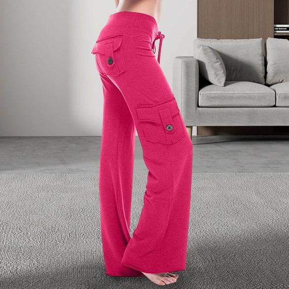 Gerichy Cargo Pants for Women, Autumn Women's Plus Size Workout Out High Stretch Waist Drawstring Leggings Straight Leg Work Pant Casual Yoga Gym Loose Trouser with Button Pockets