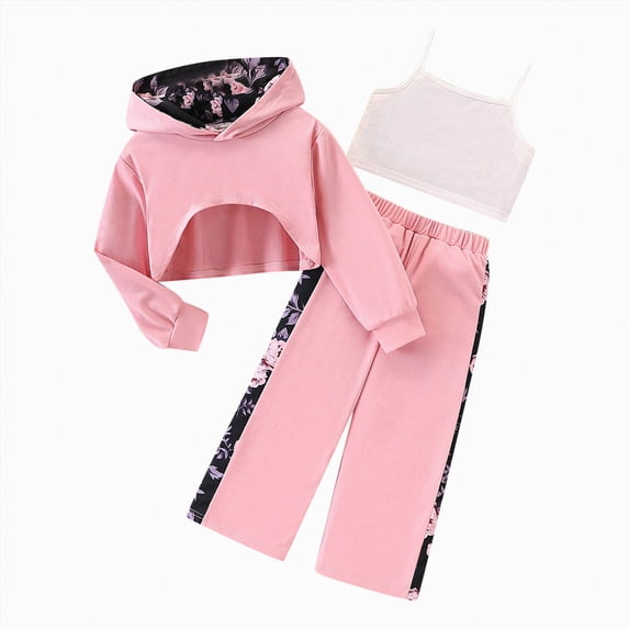 Gerichy Girls 3 Piece Outfits Solid Color Hoodie Sweatshirt and Cute Wide Leg Pants Vest Clothing Set 3T-8T