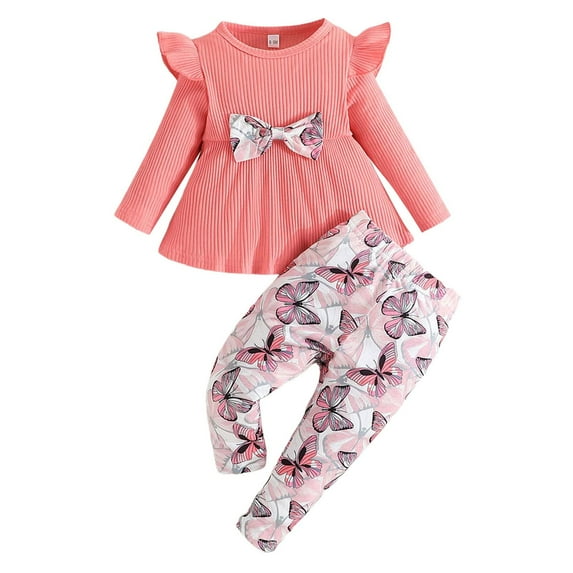 Gerichy Girls' Fly Sleeve Long Sleeve Top + Butterfly Print Pants 2-Piece Set Baby Girls Long Sleeve Outfits Clothes Set Ruffle T-shirt Tops And Pant Suit Floral Printed Flare Pants Outfit