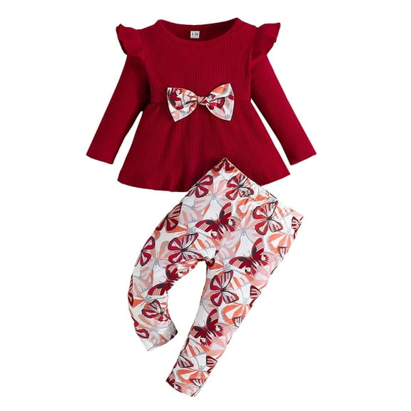 Gerichy Girls' Fly Sleeve Long Sleeve Top   Butterfly Print Pants 2-Piece Set Baby Girls Long Sleeve Outfits Clothes Set Ruffle T-shirt Tops And Pant Suit Floral Printed Flare Pants Outfit