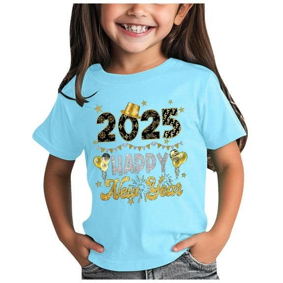 Gerichy Girls Graphic Print Summer Short T-Shirts for Girls 2025 Happy New Year Cartoon Printed Round Neck Short Sleeve Tops