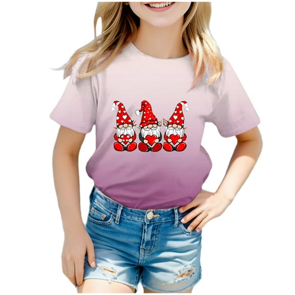 Gerichy Girls Graphic Print T-Shirt Girls Valentines Day Shirt Crewneck Summer Graphic Print Tops for Girls
