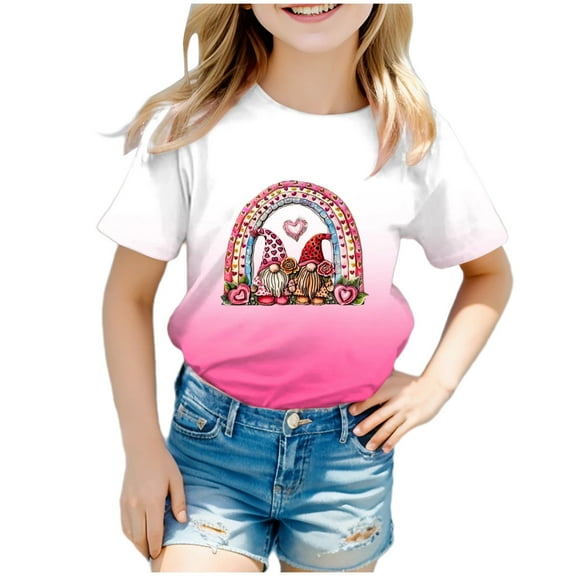 Gerichy Girls Graphic Print T-Shirt Girls Valentines Day Shirt Crewneck Summer Graphic Print Tops for Girls