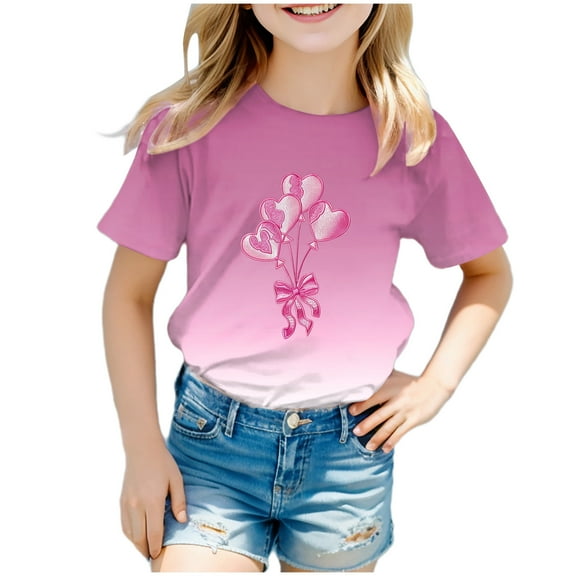 Gerichy Girls Graphic Print T-Shirt Girls Valentines Day Shirt Cute Printed Round Neck Short Sleeve Tshirt Top Summer Tops