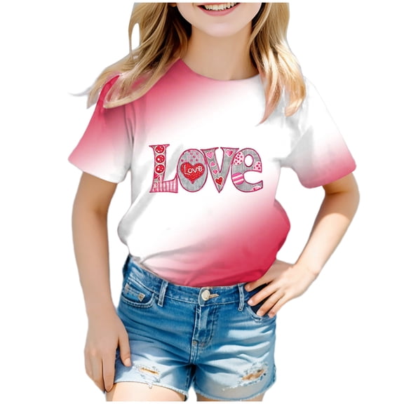 Gerichy Girls Graphic Print T-Shirt Girls Valentines Day Shirts Fashion Valentines Day Cute Valentines Printed Short Sleeve Crewneck Summer Tops