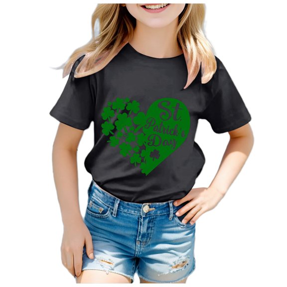 Gerichy Girls Graphic Print T-Shirt St. Patrick's Day Four Leaf Clover Printed Summer Kids Casual Crew Neck Short Sleeve Tops