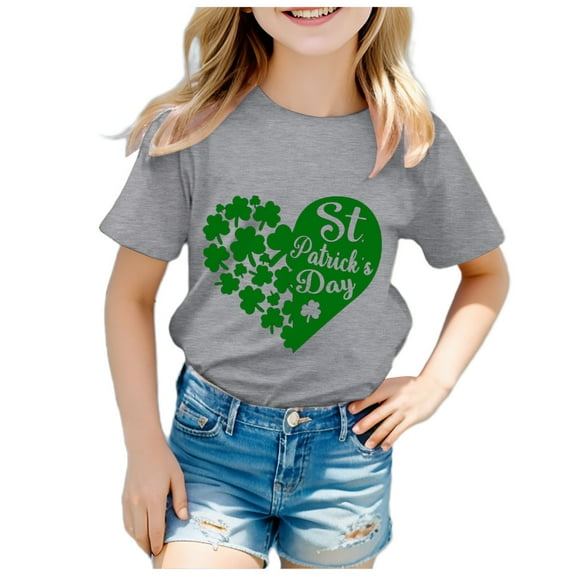 Gerichy Girls Graphic Print T-Shirt St. Patrick's Day Four Leaf Clover Printed Summer Kids Casual Crew Neck Short Sleeve Tops