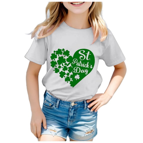 Gerichy Girls Graphic Print T-Shirt St. Patrick's Day Four Leaf Clover Printed Summer Kids Casual Crew Neck Short Sleeve Tops