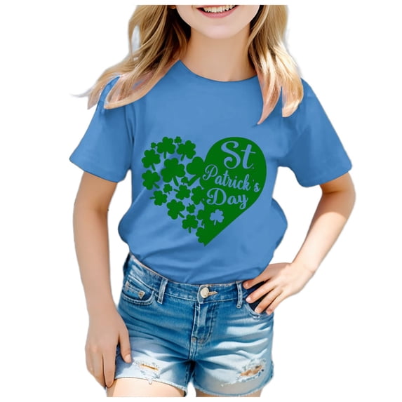 Gerichy Girls Graphic Print T-Shirt St. Patrick's Day Four Leaf Clover Printed Summer Kids Casual Crew Neck Short Sleeve Tops