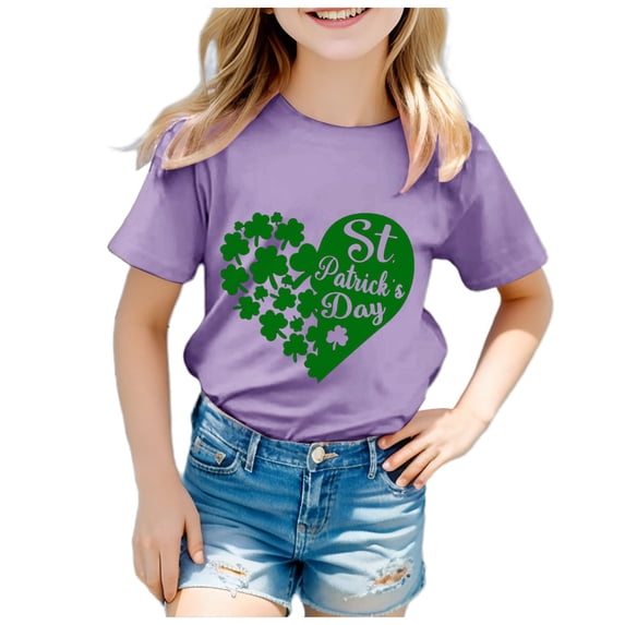 Gerichy Girls Graphic Print T-Shirt St. Patrick's Day Four Leaf Clover Printed Summer Kids Casual Crew Neck Short Sleeve Tops