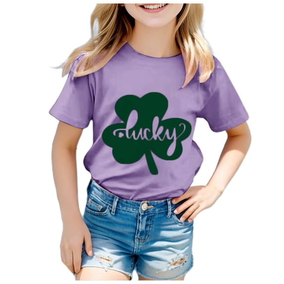 Gerichy Girls Graphic Print T-Shirt St. Patricks Day Four Leaf Print Children's Casual Round Neck Short Sleeve T Shirt