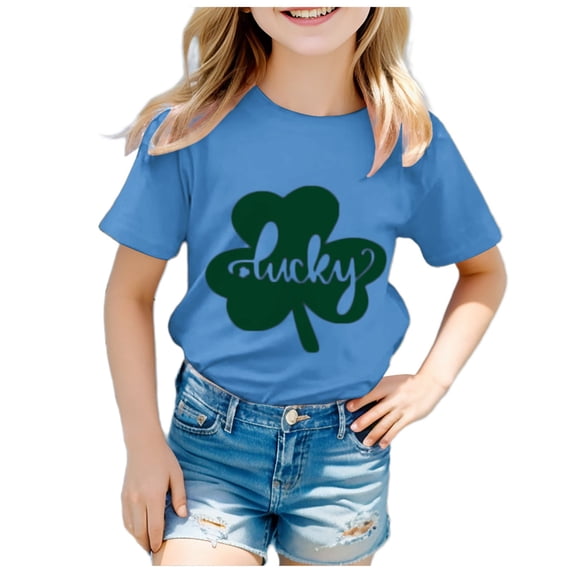 Gerichy Girls Graphic Print T-Shirt St. Patricks Day Four Leaf Print Children's Casual Round Neck Short Sleeve T Shirt