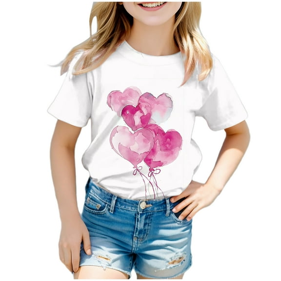 Gerichy Girls Graphic Print T-Shirt Valentine's Day Cute Printed Girls Round Neck T-Shirt Top Half Sleeve Printed Tees