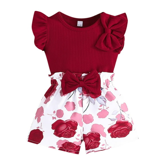 Gerichy Girls Summer Outfits, Girls Clothes T Shirt Tops Floral Suspender Shorts Ruffle Sleeve Outfits Headband Set Spring Summer