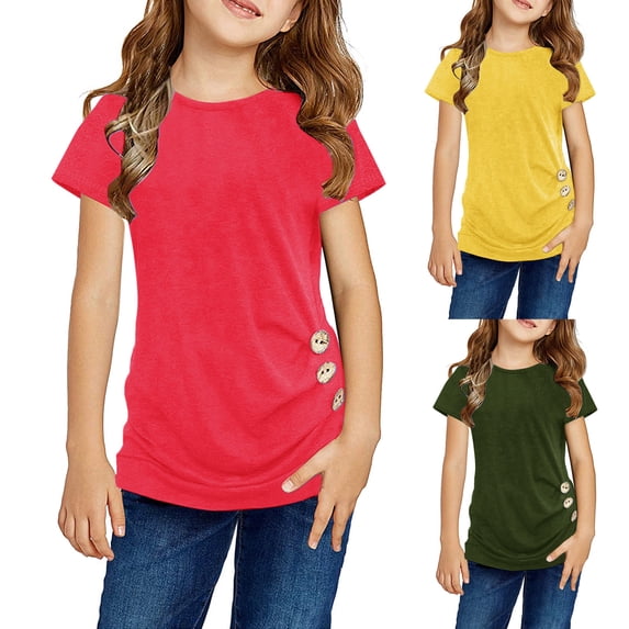 Gerichy Girls Summer Tops Trendy Short Sleeve T-Shirt Cute Casual Knot Tunic Button Short Girls Sleeve TShirt Casual Tops Front Blouse Tee Kids Girls Tops Short Sleeve Tshirt Crewneck Summer Tops