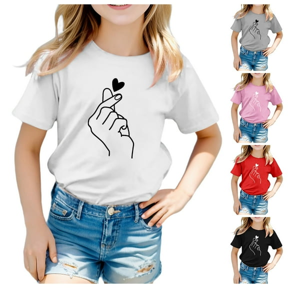 Gerichy Girls Summer Tops Trendy Short Sleeve T-Shirt Kid Girls Cute Graphic Round Neck Short Sleeve Tee Casual T Shirt Spring Clothes Cute Casual Crewneck Graphic Tees