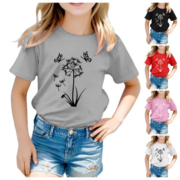 Gerichy Girls Summer Tops Trendy Short Sleeve T-Shirt Kid Girls Cute Graphic Round Neck Short Sleeve Tee Casual T Shirt Spring Clothes Cute Casual Crewneck Graphic Tees