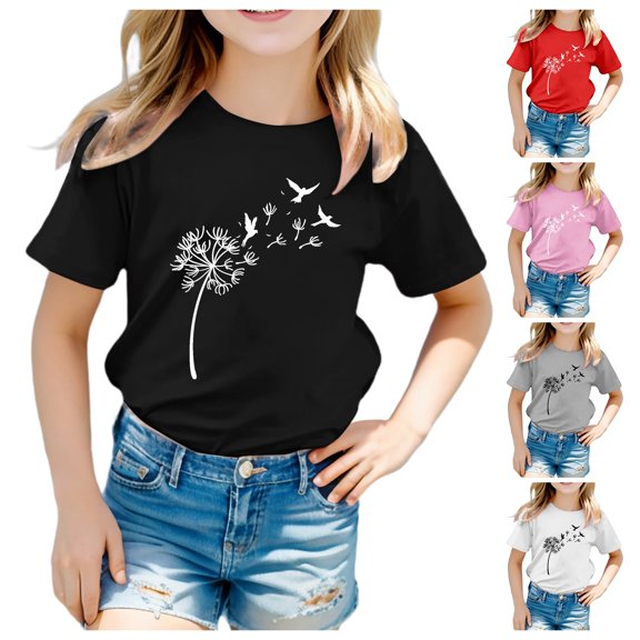 Gerichy Girls Summer Tops Trendy Short Sleeve T-Shirt Kid Girls Cute Graphic Round Neck Short Sleeve Tee Casual T Shirt Spring Clothes Cute Casual Crewneck Graphic Tees