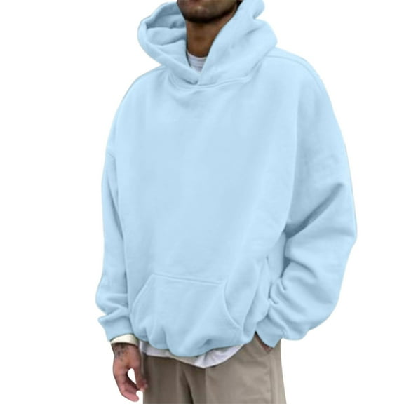 Gerichy Hoodies for Men Loose Solid Hooded Sweater Top Hoodies for Men Light Blue,L