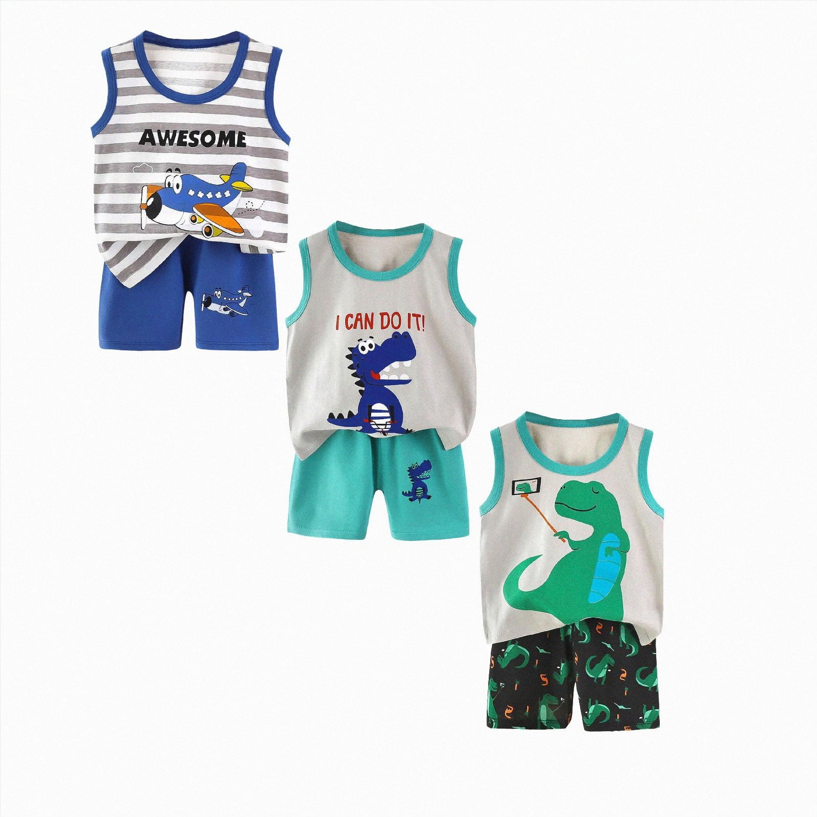 Infant Baby Boys Girls Summer Outfits 0 6 12 18 24 Months 2T 3T Cartoon Vest Tank Top with Shorts Set Clothes 3-Pack