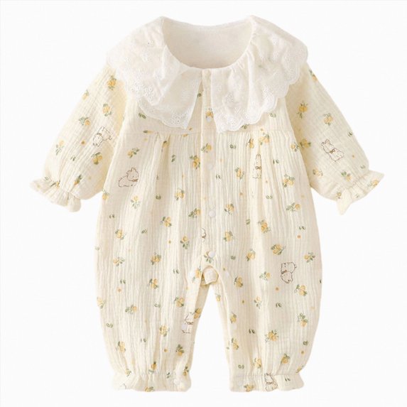 Gerichy Infant Baby Girl Fall Outfit Romper Floral Print Ruffled Trim Crew Neck Long Sleeve Jumpsuit Newborn Waffle Clothes 0-18 Months