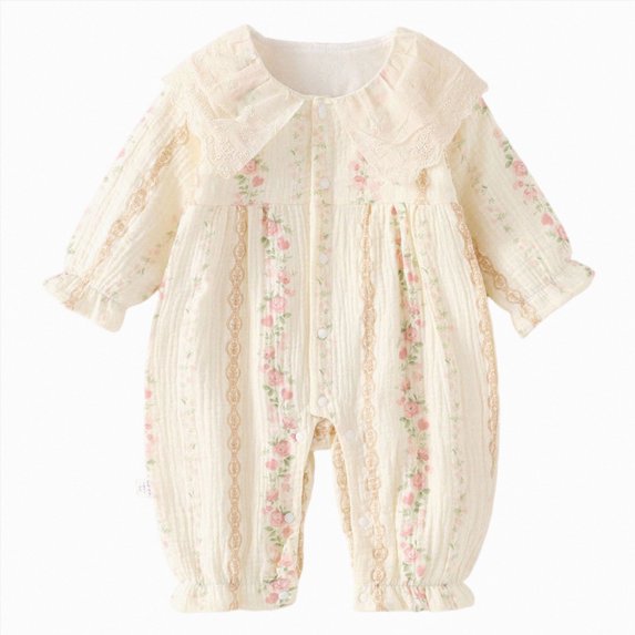 Gerichy Infant Baby Girl Fall Outfit Romper Floral Print Ruffled Trim Crew Neck Long Sleeve Jumpsuit Newborn Waffle Clothes 0-18 Months