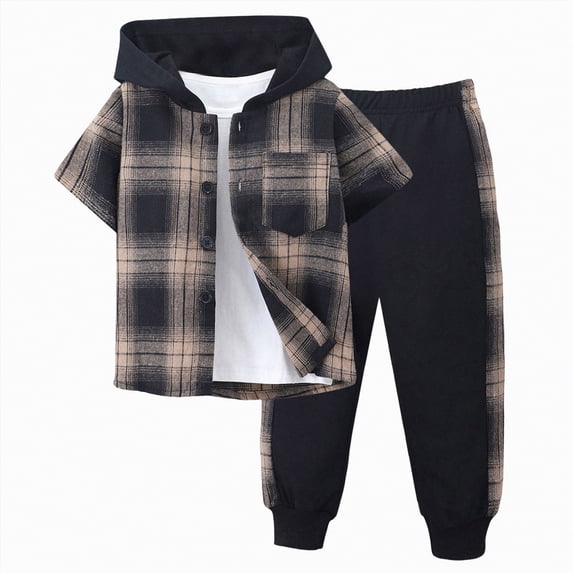 Gerichy Kids Boy Clothes Plaid Hooded Short-Sleeved Shirt Top and Pants 2Pcs Boys Outfits
