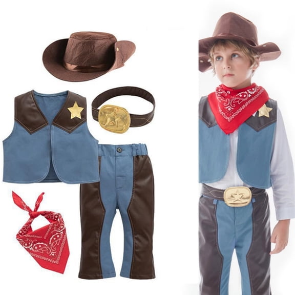 Gerichy Kids Toddler Baby Boys Sleeveless Western Cowboy For Kids Children Vest Hat Scarf Pants 4pcs Set Party Fantasia Dress Up Blue