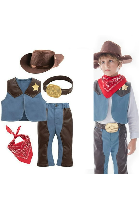 Kids Toddler Baby Boys Sleeveless Western Cowboy For Kids Children Vest Hat Scarf Pants 4pcs Set Party Fantasia Dress Up Blue