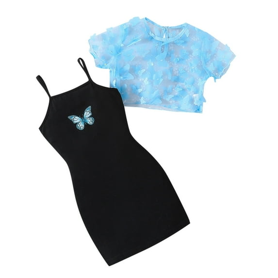 Gerichy Litter Girl's 2 Piece Outfits Short Sleeve Mesh Sheer Butterfly Crop Top And Cartoon Print Camisole Dress Set