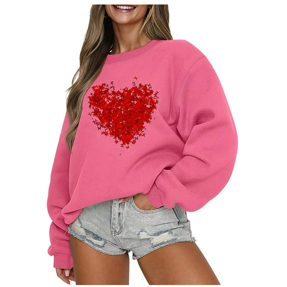 Gerichy Long Sleeve Shirts for Women Women Oversized Sweatshirt with No Hood - Cute Love Heart Graphic Pullover Valentine's Day Tops Long Sleeve Shirts for Women