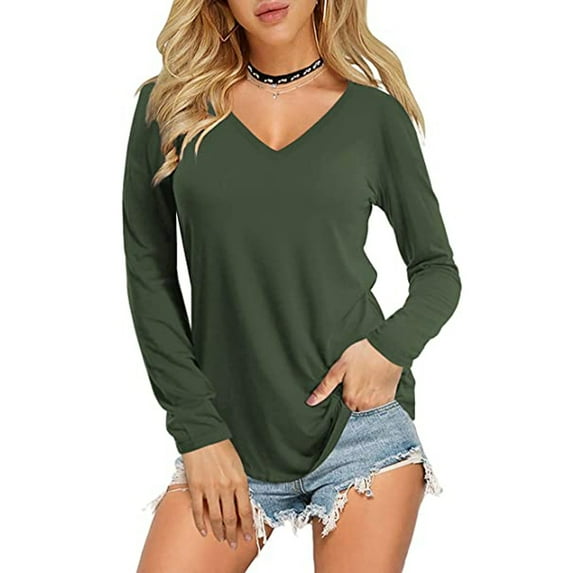 Gerichy Long Sleeve Shirts for Women Casual V Neck Tops Tee Solid Color Blouses Hoodies for Women Long Sleeve Shirts for Women