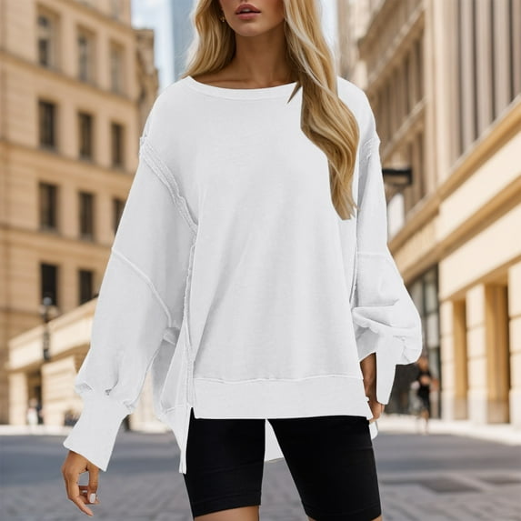 Gerichy Womens Oversized Crewneck Solid Color Sweatshirt Side Slit Long Sleeve Pullover Slouchy Fit Tops Hoodies for Women Long Sleeve Shirts for Women