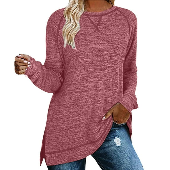 Gerichy Long Sleeve Shirts for Women Sweatshirt for Women Long Sleeve Tunic Tops Color Block Crewneck Sweatshirts Side Split Womens Tops