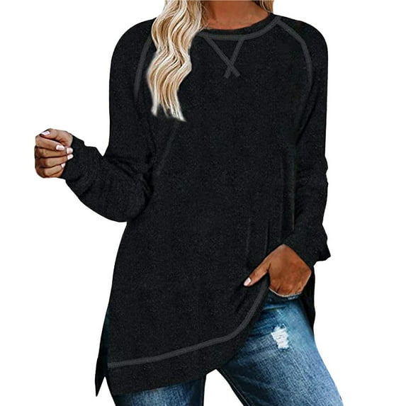 Gerichy Long Sleeve Shirts for Women Sweatshirt for Women Long Sleeve Tunic Tops Color Block Crewneck Sweatshirts Side Split Womens Tops