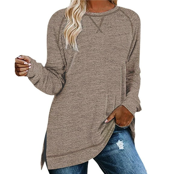 Gerichy Long Sleeve Shirts for Women Sweatshirt for Women Long Sleeve Tunic Tops Color Block Crewneck Sweatshirts Side Split Womens Tops