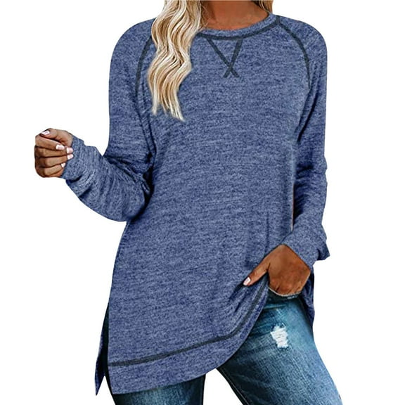 Gerichy Long Sleeve Shirts for Women Sweatshirt for Women Long Sleeve Tunic Tops Color Block Crewneck Sweatshirts Side Split Womens Tops