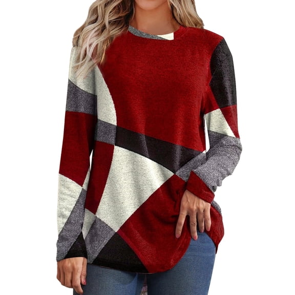 Gerichy Long Sleeve Tops for Women Plus Size Tops for Women, Geometric Color Block Cold Winter Long Sleeve Casual Cotton Sweaters Relaxed Loose Pullovers Tops